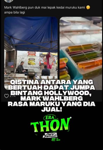 Bertuahnyaaa Qistina dapat jumpa bintang Hollywood Mark Walhberg depan mata!! Yang paling menarik tu Mark Walhberg ambil satu maruku mereka & rasa 😍💚 #ERAThon