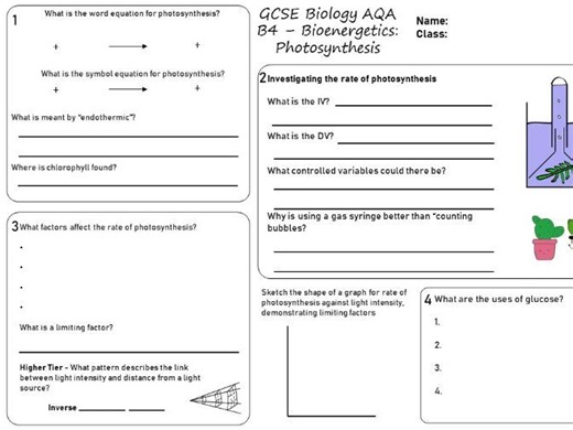 Photosynthesis revision sheet AQA GCSE - bioenergetics | Teaching Resources