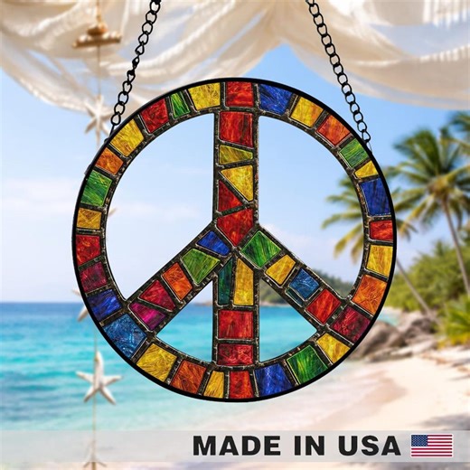 Peace Sign Stained Glass Suncatcher, Hippie Rainbow Window Hanging Decor, Boho Sun Catcher Gift