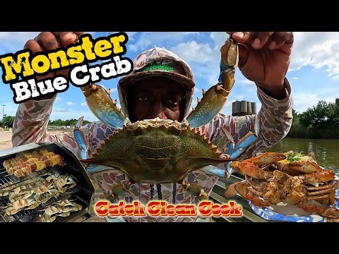 MONSTER BLUE CRAB! Catch, Clean & Cook on the Pellet Smoker