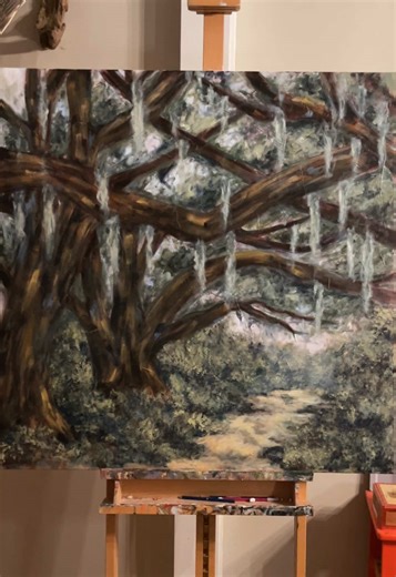 A messy start, but a good finish. 😌 #acrylicpainting #artistsoftiktok #oaktree #southernliving #artprocess @Southern Living @Garden & Gun Magazine @Michaels Stores @Hobby Lobby