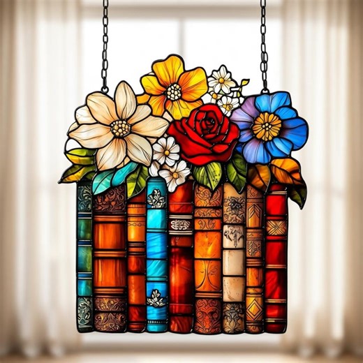 Stained Glass Book Suncatcher Flower Bookshelf Window Hanging Decor Faux Stained Glass Library Gift for Book Lovers Acrylic Art - Etsy