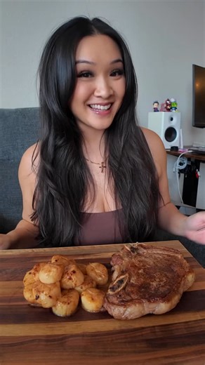 Trinh Carreon on Instagram: "Steak with miso butter scallops 🤤 Miso butter: 1 stick of unsalted butter (room temp) and 2 tablespoons miso paste! #mukbang #seafood #foodie #lunch #reels #reelsinstagram #explore"
