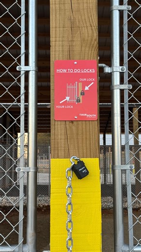 How to properly lock your unit! ✨ -Step 1: pull the existing chain around and through ⛓️ -Step 2: take YOUR lock and attach it to the chain on the other side 🔓 -Step 3: lock together the end of the chain with your lock to the part of the chain attached to the post. ⛓️‍💥 You’re all set! #toursouthrvandboatstorage #rvstorsge #boatstorage #auburnal #opelikaal | Tour South Storage