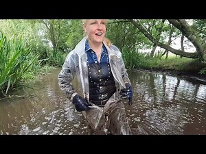 Video 92 - Clear as mud - Taster (denim jumpsuit, leather boots, waterproof suit, mud, wet, pond)