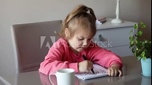 Child in stress. Caucasion girl drawing fears her fears and emotions. Psychological test. Mental health. School age problems.Unhappy child in bed mood.