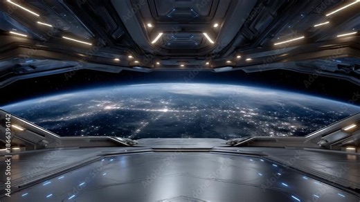 4k Futuristic spaceship landing bay interior with massive panoramic window overlooking planet Earth from orbit, cinematic sci-fi hangar with symmetrical architecture, metallic walls