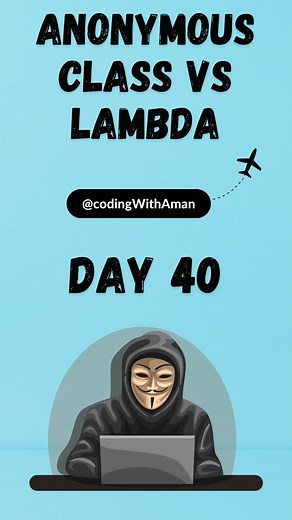 Aman Sahni on Instagram: "The anonymous class is used for interfaces and abstract classes, whereas lambda expressions are used only for functional interfaces. Each anonymous class instantiation results in the creation of a new class file, named with a synthetic name, such as Main$1.class, Main$2.class, and so on. In the context of lambdas, invokedynamic is used to bind lambda expressions to functional interface methods at runtime. #python #programming #coding #programmer #code #developer #coder 