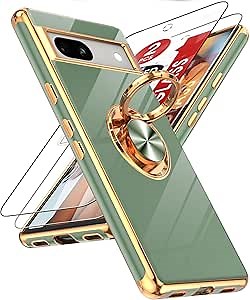 LeYi for Google Pixel 7A Case: with Tempered Glass Screen Protector [2 Pack] 360° Rotatable Ring Holder Magnetic Kickstand, Plating Rose Gold Edge Protective for Pixel 7A Case, L-Green