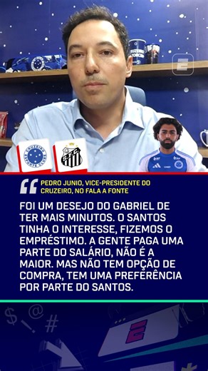 SportsCenter Brasil on Instagram: "DESEJO DO GABIGOL! 🦊🐋 Pedro Junio, vice-presidente do Cruzeiro, contou no Fala a Fonte que Gabigol tinha o desejo de ter mais minutagem em campo e quis uma transferência para o Santos. Junio ainda revelou que o contrato de empréstimo não tem opção de compra, mas em caso de venda do atleta, o Peixe tem preferência na compra. #FutebolNaESPN #Cruzeiro #Gabigol #Santos"