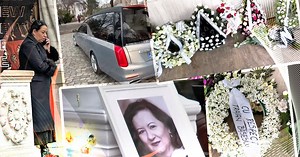 Primele imagini de la înmormântarea Mioarei Roman. Ce mesaj a scris Traian Băsescu pe coroana cu florile preferate ale mamei Oanei Roman