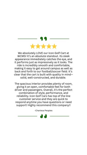 Nothing speaks louder than real customer experiences ⭐⭐⭐⭐⭐ We’re proud to see ICON Golf Carts making a difference at WCMS - delivering smooth rides, comfort, and reliability across campus every day. Thank you for the trust and the amazing feedback 👏 | Icon Golf Cars - Jacksonville