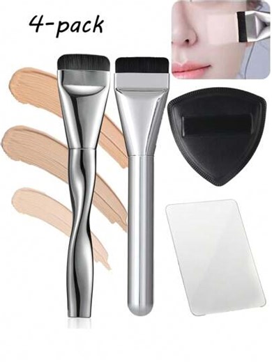 Traceless Flat-Head Foundation Brush, Ultra-Thin Foundation 4-In-1 Liquid Foundation Artifact Powder Puff, Professional Multi-Purpose Eyebrow Brush With 3D Effect, 1 Large Makeup Powder Puff + 2 Smooth Foundation Brushes + 1 Large Palette, Straight-Shaped Foundation Brush, Mask Brush, Flat-Head Liquid Foundation Brush, Thin, Traceless And Powder-Free Makeup Brush, 1/2/3/4-Piece Makeup Brush Set | SHEIN