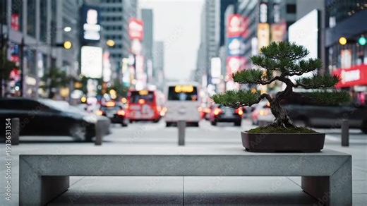 Bonsai Tree on Bench in City Street.