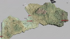 Seamless looping animation of the 3d terrain map of Latvia with the capital and the biggest cites in 4K resolution Stock Video