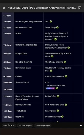 PBS Kids Schedule Archive - August 28, 2006