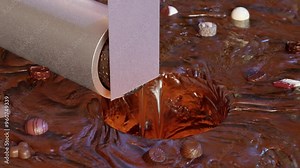 3D rendering loop of sharp blade smoothly cutting chocolate