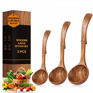 ACMETOP Wooden Ladle Spoon Set – 3 Sizes Teak Wood Soup Spoons with Back Hooks for Cooking & Serving – Heat Resistant, Non-Stick, Comfortable Grip