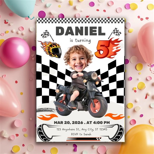 Motorcycle Birthday Invitation, Custom Face Biker Kid Party Invite, Personalized Motorbike Theme Celebration - Etsy
