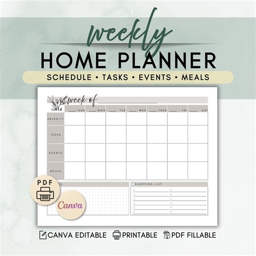 Weekly Home Planner Printable | Weekly Schedule Template | PDF Fillable & Canva Editable | Family Organizer | Tasks, Events, Meals - Etsy