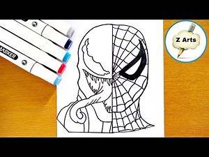 How to draw SPIDER-MAN vs. VENOM (in one face) using markers
