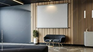 Modern office reception area with sleek furniture and warm wooden accents during daylight hours