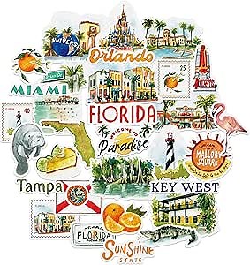 Navy Peony Retro Florida State Travel Stickers (31 Pieces) - Watercolor, USA-Themed, Waterproof | America Vacation Stickers for Scrapbooks, Journals, Suitcase