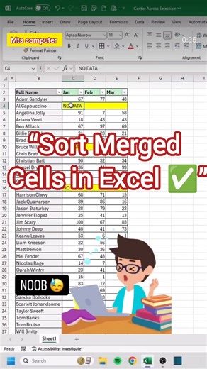🎯Title:"Excel में Merged Cells को Sort कैसे करें | Hidden Excel Trick 🔥 #exceltips" #excel #shorts