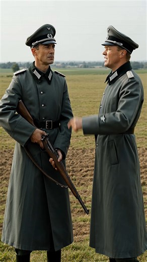 World War II era capturing two German military officers standing in an open rural landscape. Both are dressed in long coats and peaked caps, facing toward the horizon with attentive expressions. One officer holds a long firearm in a relaxed but ready position, while the other appears engaged in conversation, suggesting a moment of field observation or inspection. The vast, open terrain in the background emphasizes the outdoor operational setting, likely during a review of positions or movement a