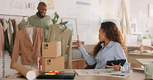 Fashion, delivery box and business people with stock inventory, stock inventory check and package product teamwork for e commerce, logistics industry. Clothes startup worker for courier supply chain