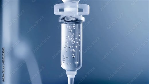 Realistic slow-motion close-up of IV drip line filling with clear fluid, bubbles moving upward, 4K loop