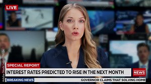 TV Live News Program with Professional Female Presenter Reporting. Television Cable Channel Anchorwoman Talks. Mockup Network Broadcasting Playback in Newsroom Studio. Close-up Shot Stock Video