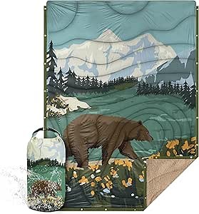 Outdoor Camping Blanket with Sherpa Lining, Extra Warm Thick Camp Blankets and Puffy Ultralight Soft Poncho DWR Camping Quilt for Cold Weather, Adventure, Sleeping, Backpacking 78"x 56"