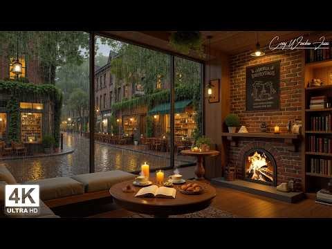 Beautiful April Evening Jazz 🌧️ Smooth Piano, Coffee Shop Ambience & Fireplace Glow at Nights