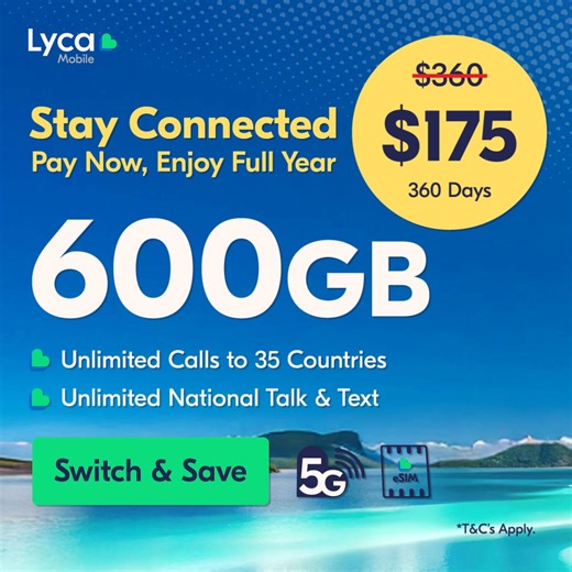 🌟 One Easy Payment, One Year Validity! Switch & Save with Lyca Mobile's Long-term Plans. 🌟 📱 600GB over 360 days for just $175! 🌍 Unlimited calls to 35 countries 📈 Set it and forget it — a year of effortless convenience 🚀 5G enabled, eSIM ready Don’t miss out! Grab this deal now! 🎉 T&Cs apply. | Lycamobile Australia