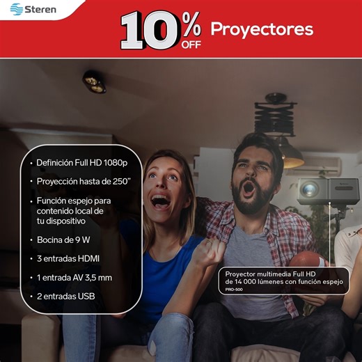¡Haz de tus vacaciones en casa una experiencia inolvidable gracias a nuestro Proyector multimedia Full HD! 🏡📽️ ¡Cómpralo ahora mismo con un 10% de descuento! 👉 https://bit.ly/3TggTar Disfruta de imágenes nítidas y brillantes con 14 000 lúmenes y conecta fácilmente tu dispositivo móvil gracias a la función espejo y Bluetooth. Promoción válida en productos seleccionados del 15 de marzo al 08 de abril 2024 | Steren México