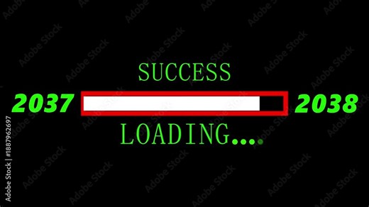 Loading bar from 2037 to 2038 new year transfer animation. Almost reaching New Year ,LOADING...text, alongside a success loading Success Loading Progress Bar Concept with Future Years