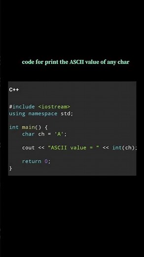 code for print the ASCII value of any char in c++#cpp #programming #basicprogramming