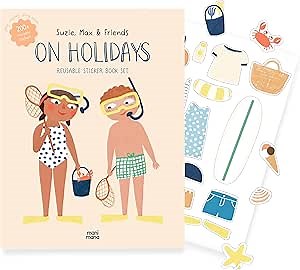 Suzie, Max & Friends On Holidays - Reusable and Educational Sticker Book Set for Kids 3-8Y - 200 Static Reusable Stickers - Quality Sticker Book - Travel Activity Set - Interactive Toy for Boys Girls