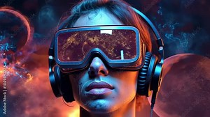 Cosmic Explorer: Woman wearing VR headset exploring virtual reality universe. Futuristic technology, vibrant colors, immersive experience.