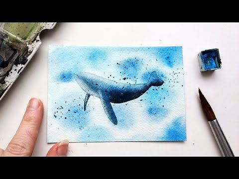 Easy watercolor whale painting tutorial » How to paint a blue whale for beginners underwater