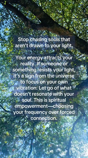 Stop chasing souls that aren’t drawn to your light. Your energy is sacred. 🧘 When you start living from your highest vibration — your confidence, self‑worth, and truth — you naturally attract what matches your soul’s frequency. What resists your light is simply not meant to walk with you on this spiritual journey. This is spiritual empowerment and conscious living in action. Let go of external validation and focus on inner alignment — because the universe always responds to your energy. 🌌 👉 C