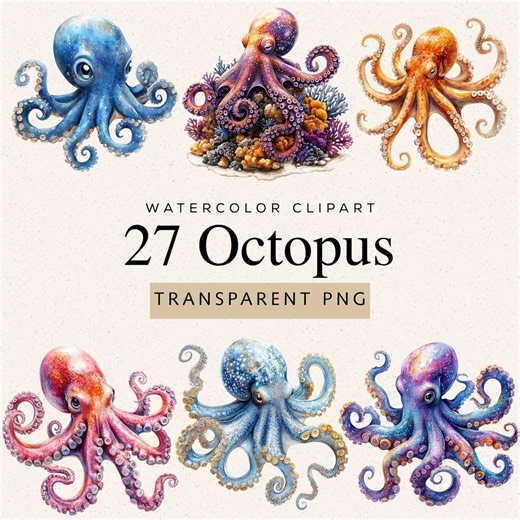 Watercolor Octopus Clipart, 27 PNG Images, Ocean Sea Animal Illustration Collection (digital Download) - Etsy