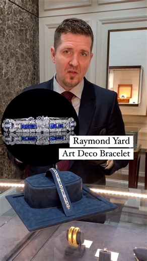 This magnificent bracelet by celebrated jeweler Raymond Yard was commissioned in the 1930s and features 189 European and mixed cut diamonds totaling approximately 10.87 carats, 12 baguette cut diamonds totaling approximately 0.60 carat and 60 square cut sapphires totaling approximately 6.24 carats.The New York jeweler gained renown for his use of high-quality gemstones and impeccable craftsmanship, both of which are exemplified in this unique Art Deco period bracelet. The sapphires exhibit their