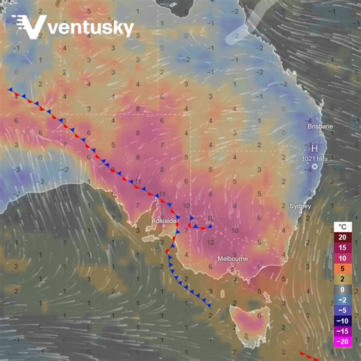 While Australia is currently experiencing an intense heatwave with temperatures exceeding even 45 °C 🥵, a single frontal passage will be enough for temperatures to drop by more than 25 °C, shifting to markedly below-average values. 🧐 All of this will happen within just three days — see the temperature anomalies over the next 72 hours: https://www.ventusky.com/temperature-map/anomaly-2m#p=-32.1;141.2;4&t=20260110/0900 | Ventusky