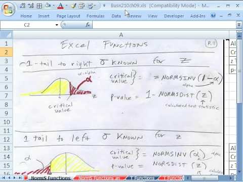Excel Statistics 90: NORMSINV for Critical Value NORMSDIST for P-value 6 examples