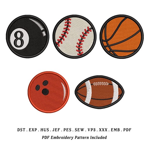 Sport Ball Set 2 Embroidery Designs – Bowling, Football, Baseball, Basketball & Billiard – EMB Included, Instant Download - Etsy