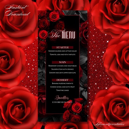 Floral Printable Birthday Party Menu Template Red, Editable Menu Card, Birthday Dinner Table Menu Download - Etsy