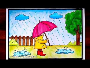 Rainy Season Drawing | How to Draw Rainy Day Drawing easy steps | Rainy day Scenery drawing easy