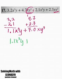 Algebra 1.) 4y – 2x 5y – 3x 2.) 5ab – 2ab 6ab 3.) 15x²y – 3x²y 12x²y 4.) 9ab – 3bc – 5ab bc 5.) 6x²y – 2xy² 3xy² 5x²y 6.) 12a²b² 2ab³ –7a²b² 3ab³ 7.) 3.2x³y 4.7xy³ – 2.1x³y 2.3xy³ 8.) 5x(y²–z²) 3x(y² – z²) 9.) 4x²y³ – 8(xy 4) – 2x²y³ 5(xy 4) 10.) 8y²(x³y – z) 14xy³ – 5y²(x³y – z) – 5xy³ | Free Reviewers with Leonalyn